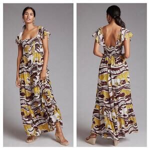 Anthropologie Panther Ruffle Maxi Dress Size XS Smocked Lightweight Cheetah Boho